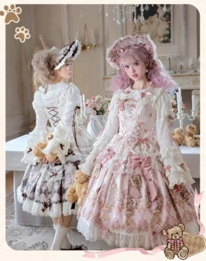 Two colorways of Antique Teddy Bear Classic Lolita JSK dress sets in brown and pink, featuring ruffled trims, ribbon bows, teddy bear prints, matching bonnets, and Peter Pan collar blouses