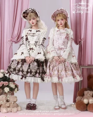Antique Teddy Bear Classic Lolita JSK dress full-body front view with bear-print skirt, lace-up corset bodice, matching hair bonnet, and coordinating Hime sleeve blouse