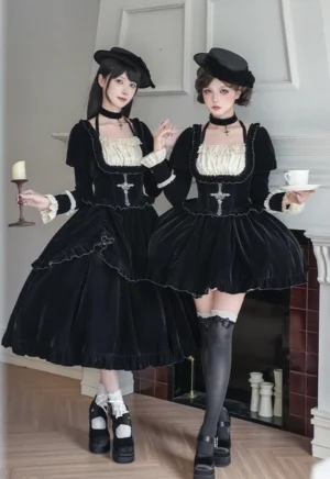 Gothic Lolita OP dress set side-front angle dual-model showing long and short skirt length options square neckline puff sleeves velvet fabric candle holder coffee cup props
