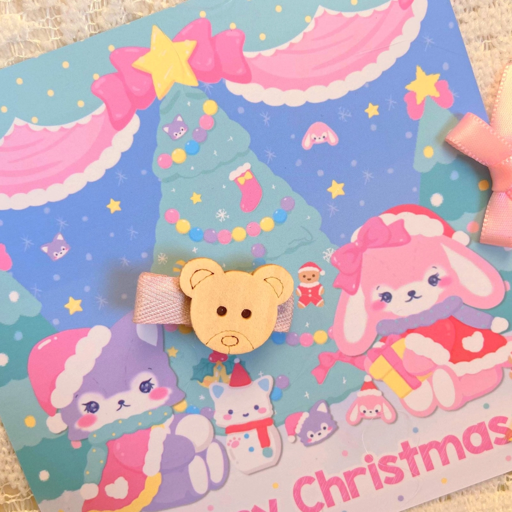 Apricot wooden bear shaped lolita hair clip with cute bear design and ribbon bow detail, charming headdress accessory for whimsical coordinates