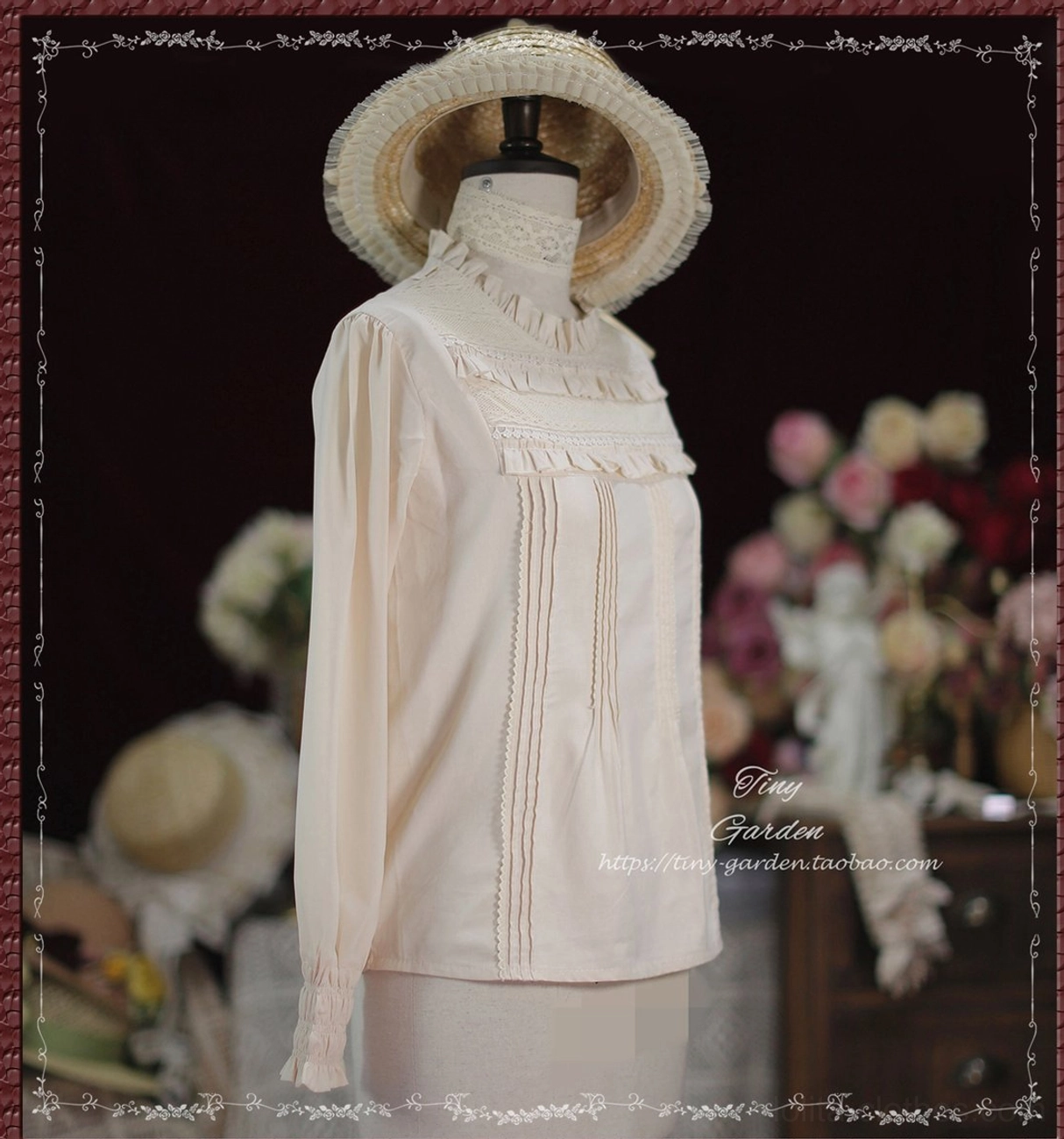Apricot beige Lolita long-sleeve cotton blouse shown from side full view on dress mannequin with straw hat, featuring ruffled stand collar, front pin-tuck pleats, and frilled wrist cuffs against retro floral studio backdrop