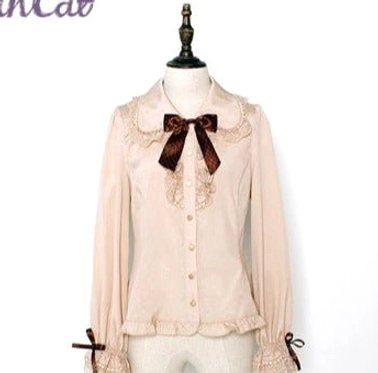 Apricot Chocolate Heart Lolita long-sleeve blouse front display on dress form with ruffled Peter Pan collar brown checkered bow and lace front trim