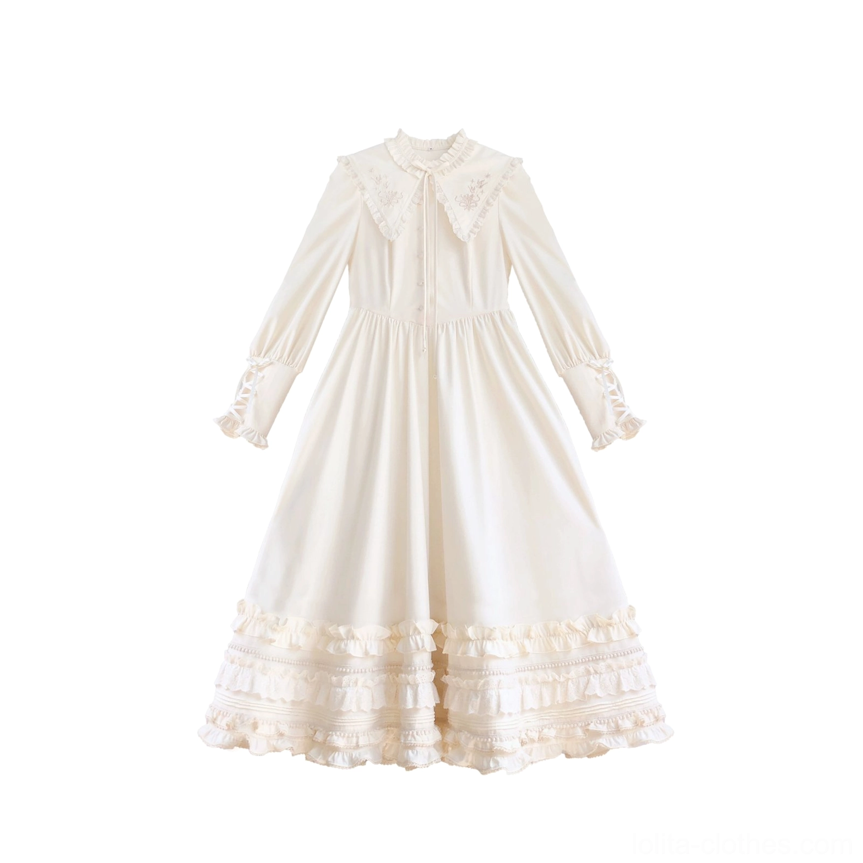 Apricot classic Lolita OP one-piece dress full-body front view, detailed embroidery on collar and hem, ruffle details, complete dress without layering pieces