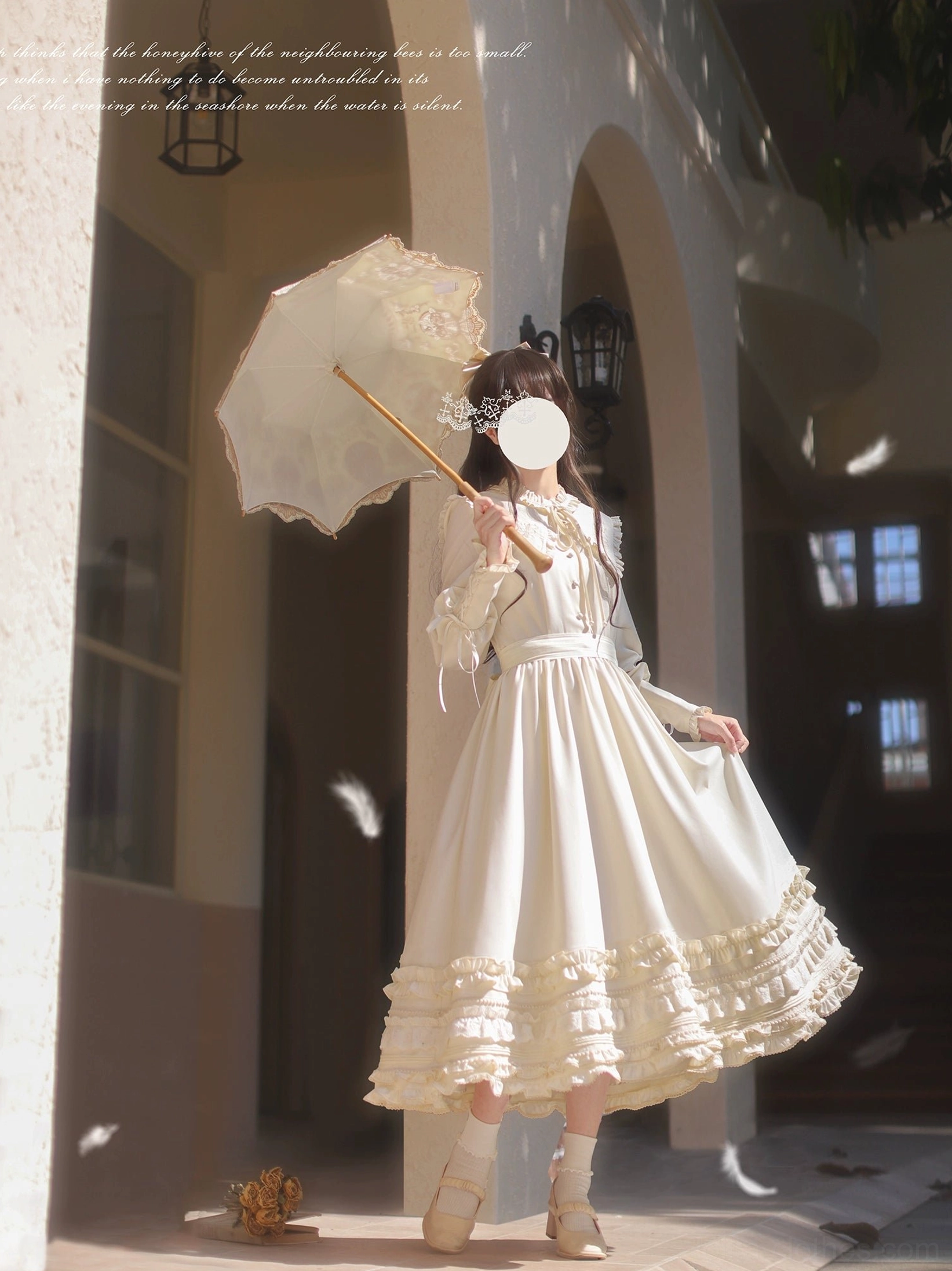 Apricot classic Lolita OP dress side outdoor view, high lace collar detail, fitted waist with cinchable design, flowy ankle-length ruffled skirt, holding vintage lace parasol