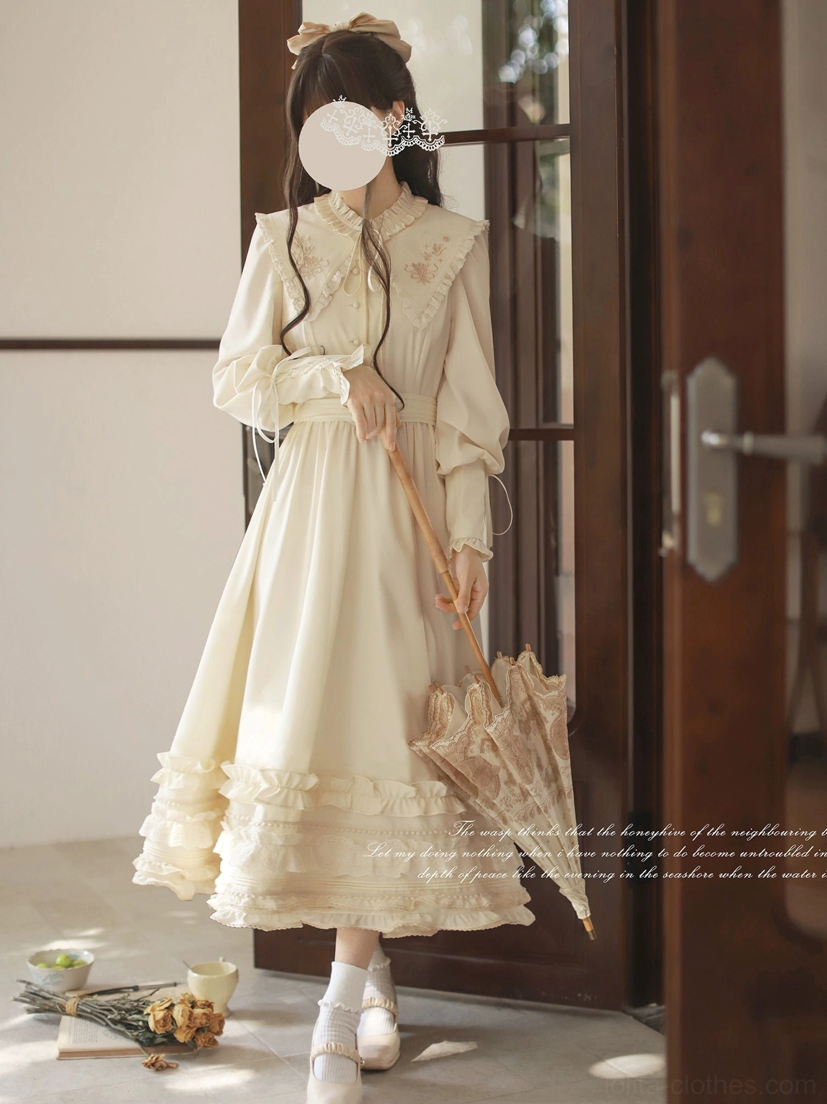 Classic apricot Lolita OP dress with pearl-accented ruffle collar and lace-trimmed bodice, full-body front view worn with vintage lace umbrella in cream color, perfect classic Lolita one-piece dress