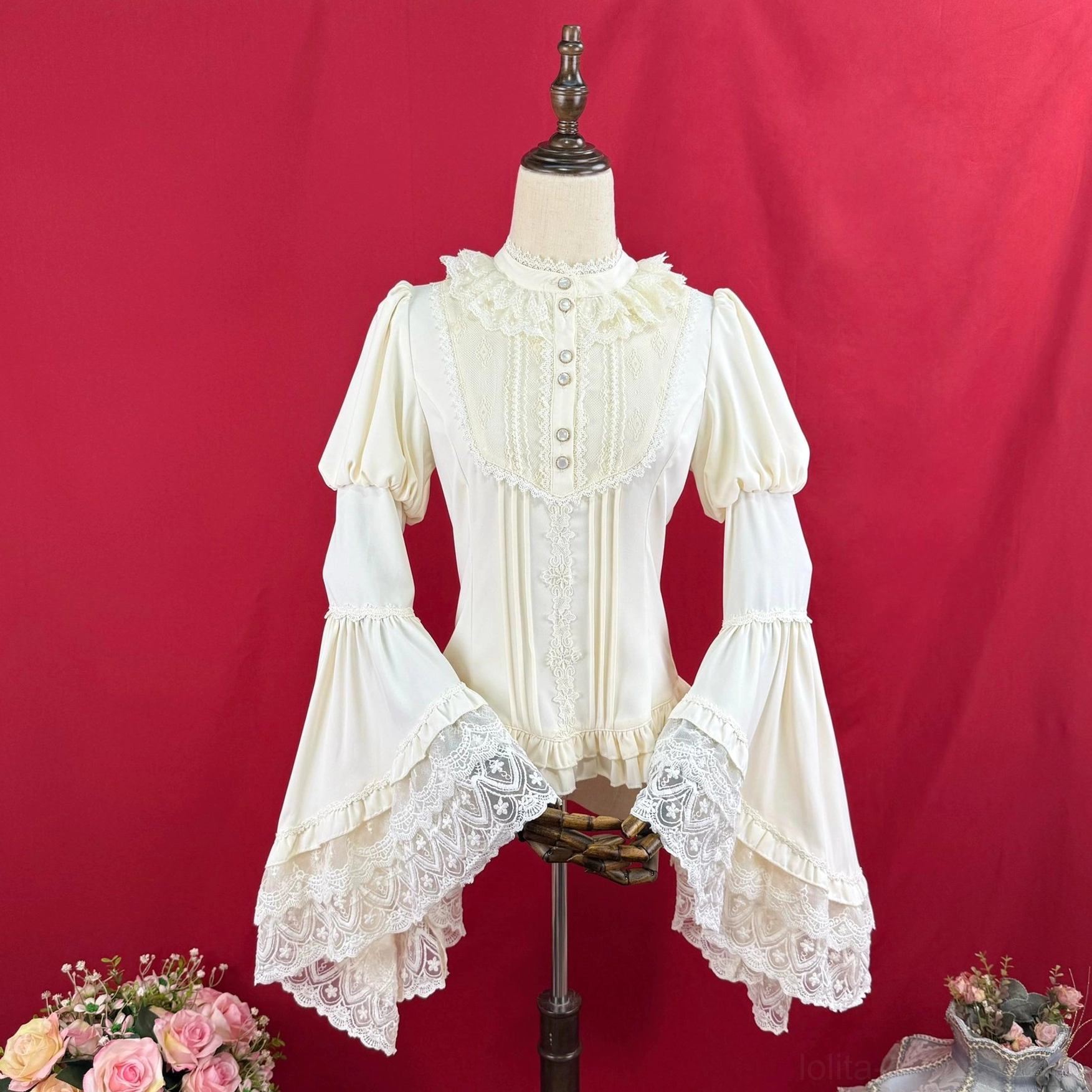 Apricot cream classic Lolita blouse featuring delicate lace front and sleeve trims with Juliet princess sleeve construction detail