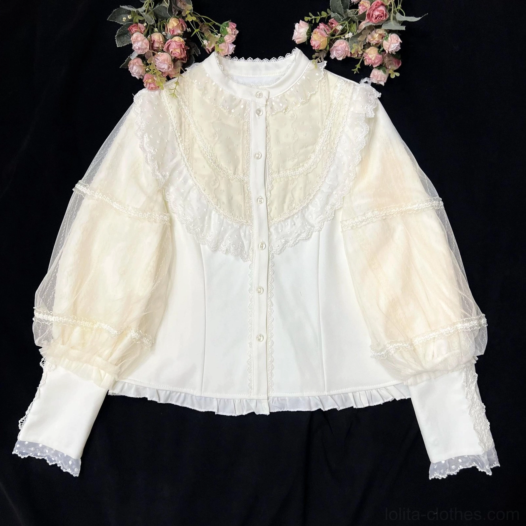 Apricot-colored Lolita lantern sleeve blouse with warm peachy tone, featuring embroidered lace chest panel, ruffled stand collar, sheer sleeves with lace cuffs, and front button placket for romantic feminine coordinates