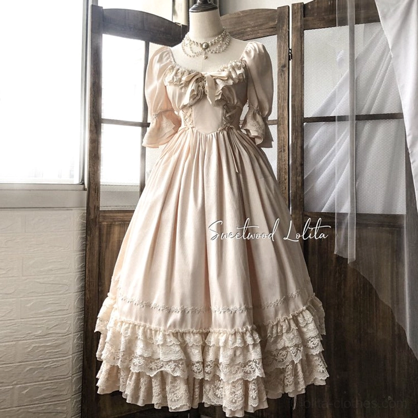 Apricot French Lolita one-piece long dress showing warm romantic color option for elegant styling