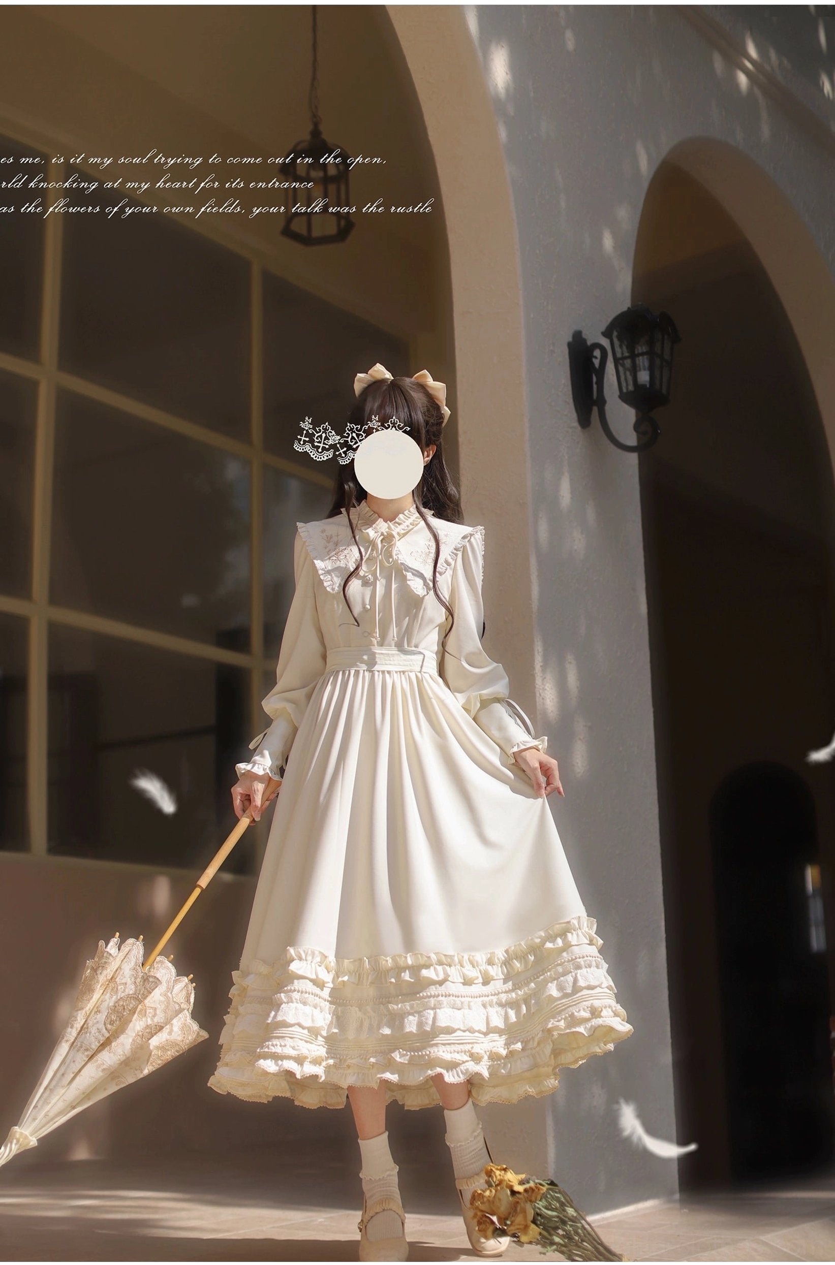 Full-body low-angle front view of classic apricot Lolita OP dress, bow collar detail visible, voluminous tiered ruffled skirt, holding open vintage lace umbrella in arched hallway