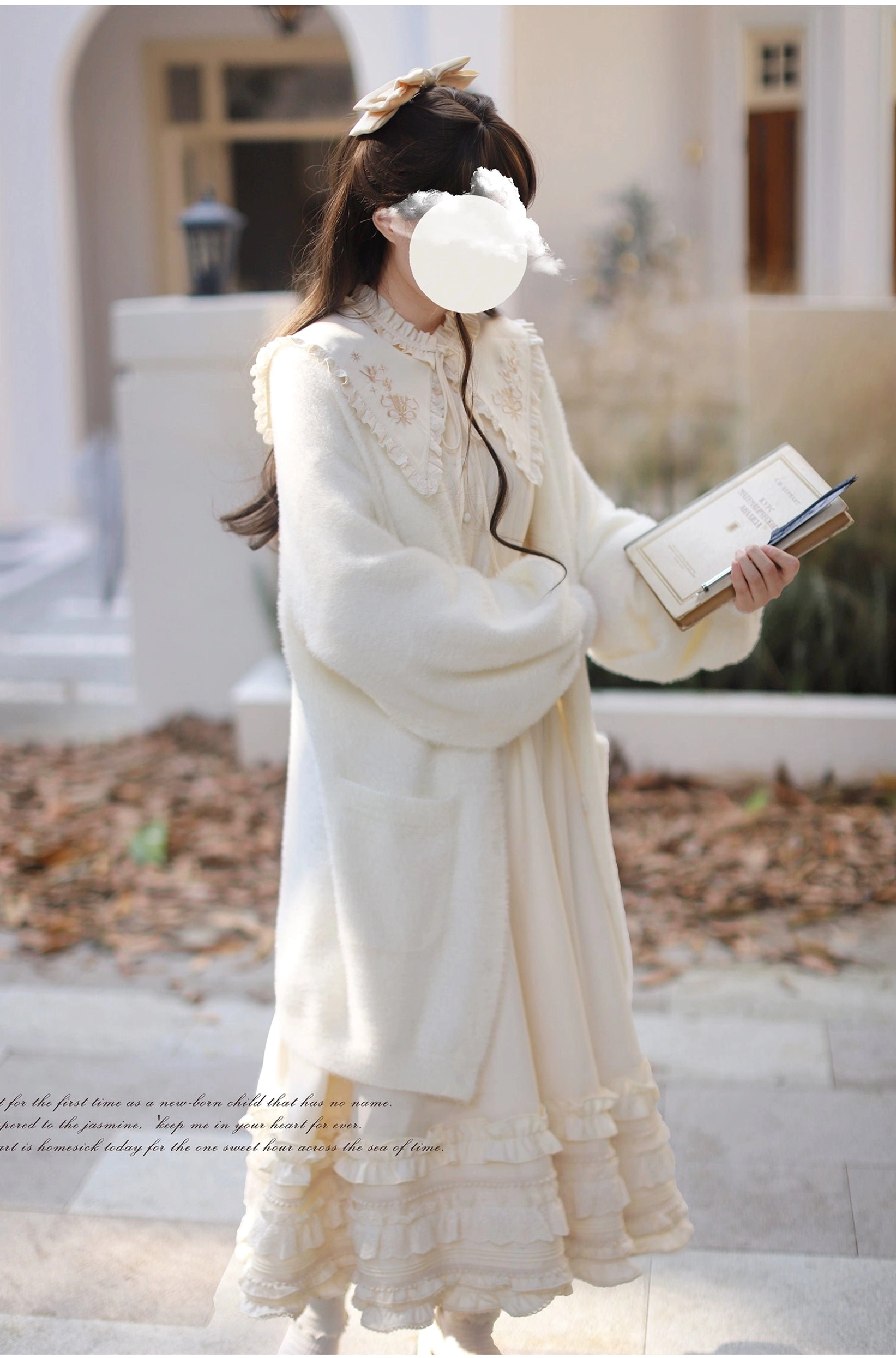 Cream faux fur cardigan worn as layer over apricot Lolita OP dress, complete ensemble styling, full-body view showing how cardigan enhances Lolita silhouette and adds winter warmth