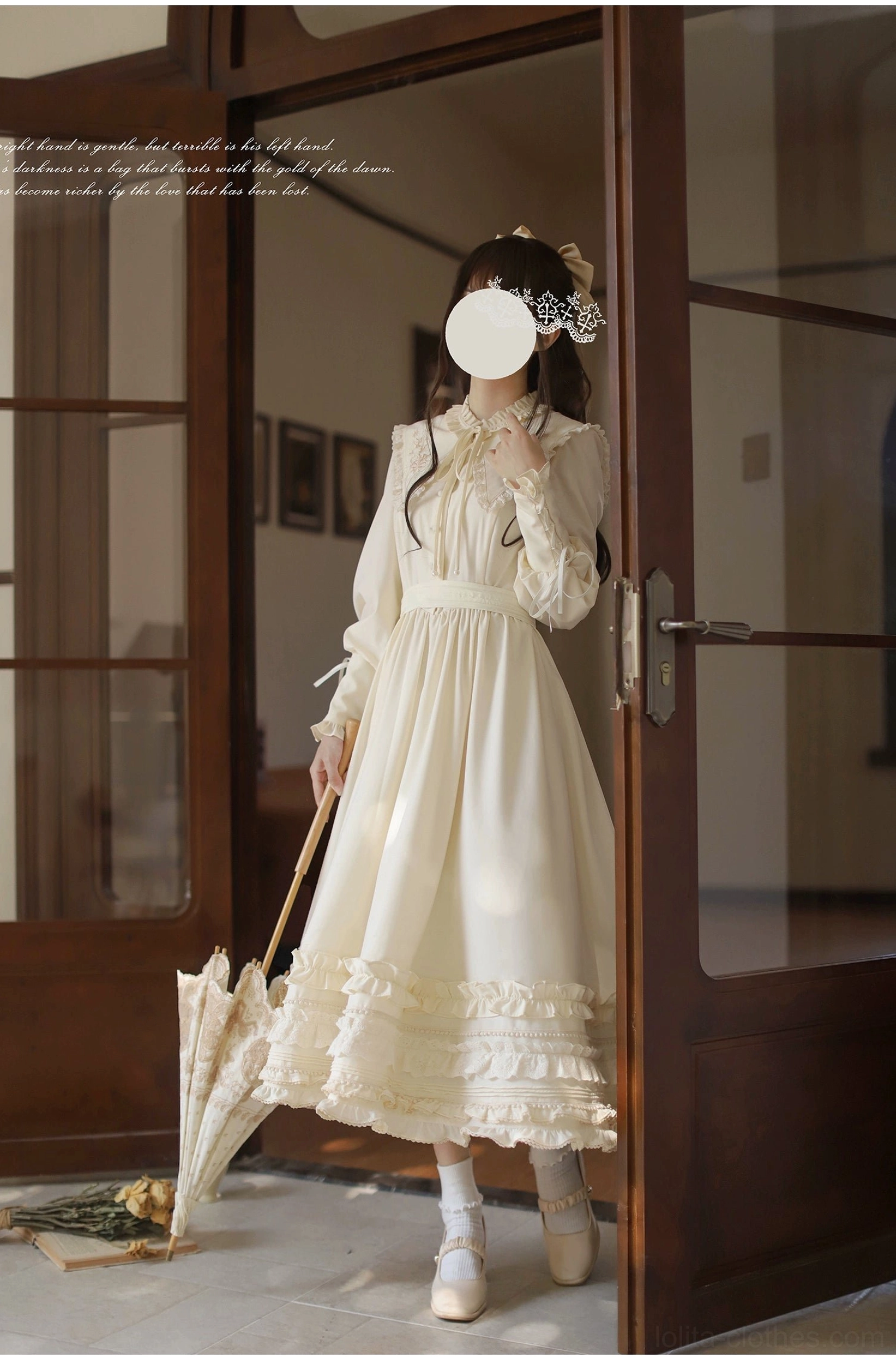 Cream apricot Lolita OP one-piece dress side profile view, showcasing mutton sleeves and layered ruffled skirt hem, worn with closed lace parasol at indoor doorway entryway