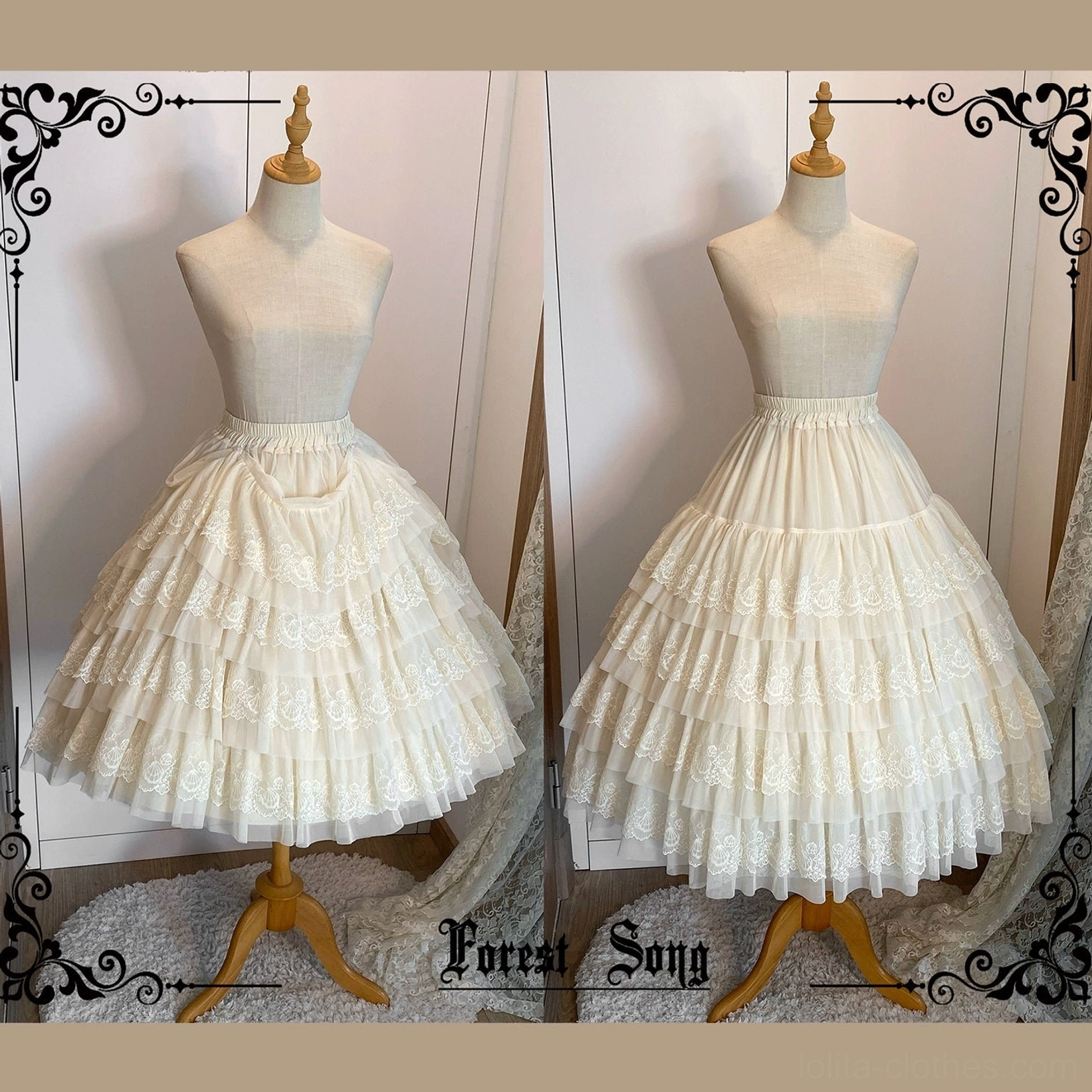 Two apricot beige lolita petticoats front view on wooden mannequins displaying delicate lace-trimmed layered ruffles and voluminous midi-length silhouette in studio