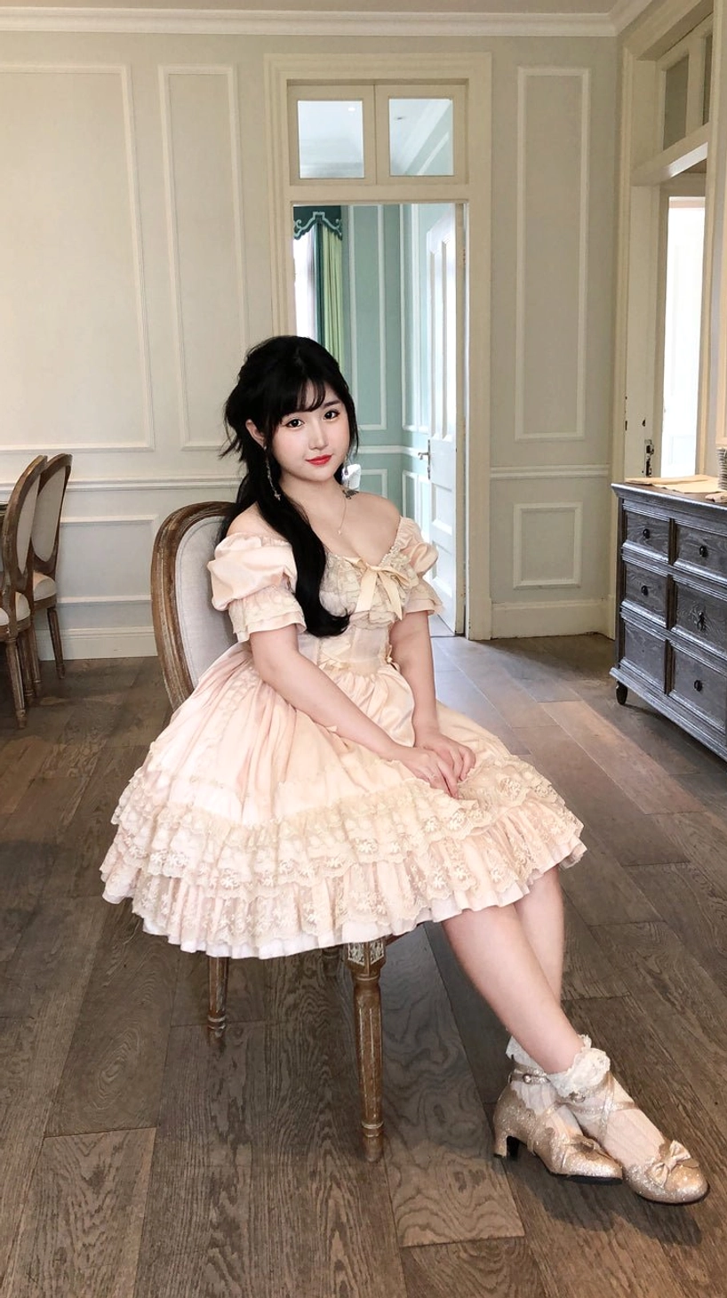 Apricot French Lolita one-piece short dress showing warm neutral color flattering diverse skin tones