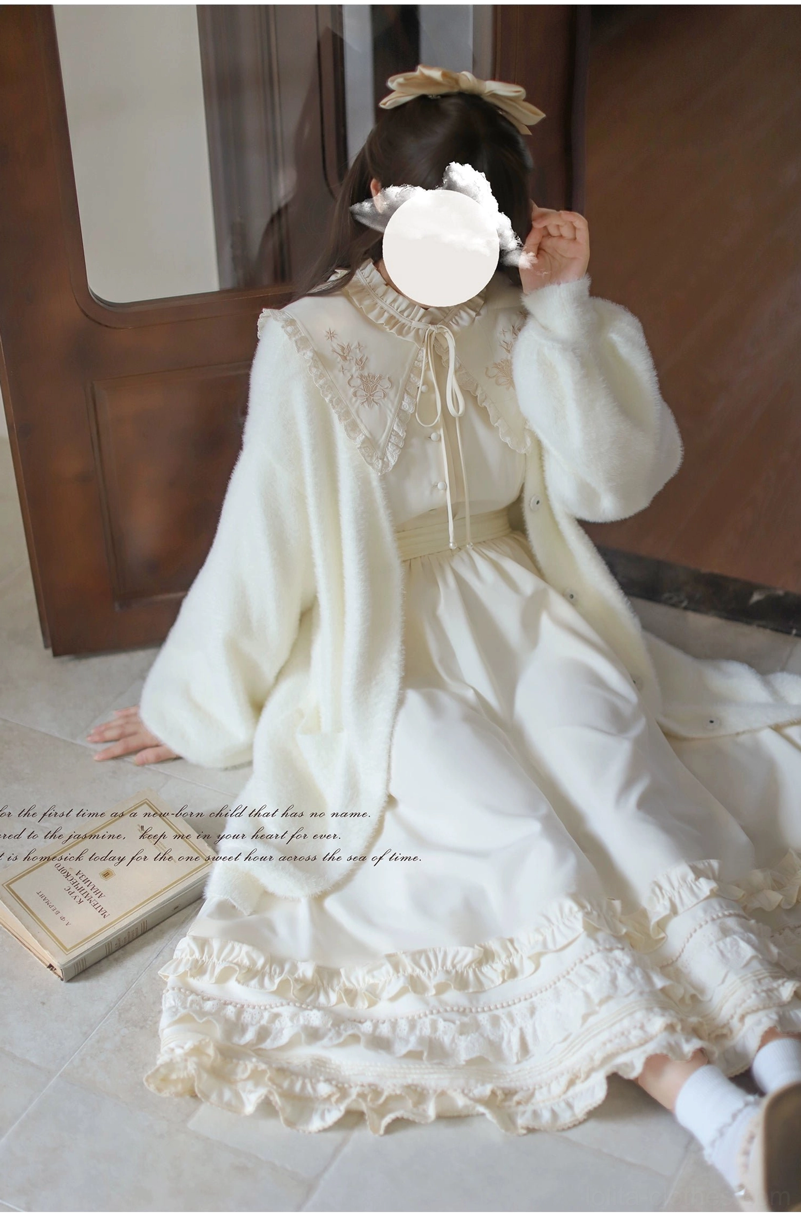 Apricot Lolita OP dress with pleated waistband and faux fur cardigan, complete three-piece ensemble on model, full styling showing integrated accessories and layering