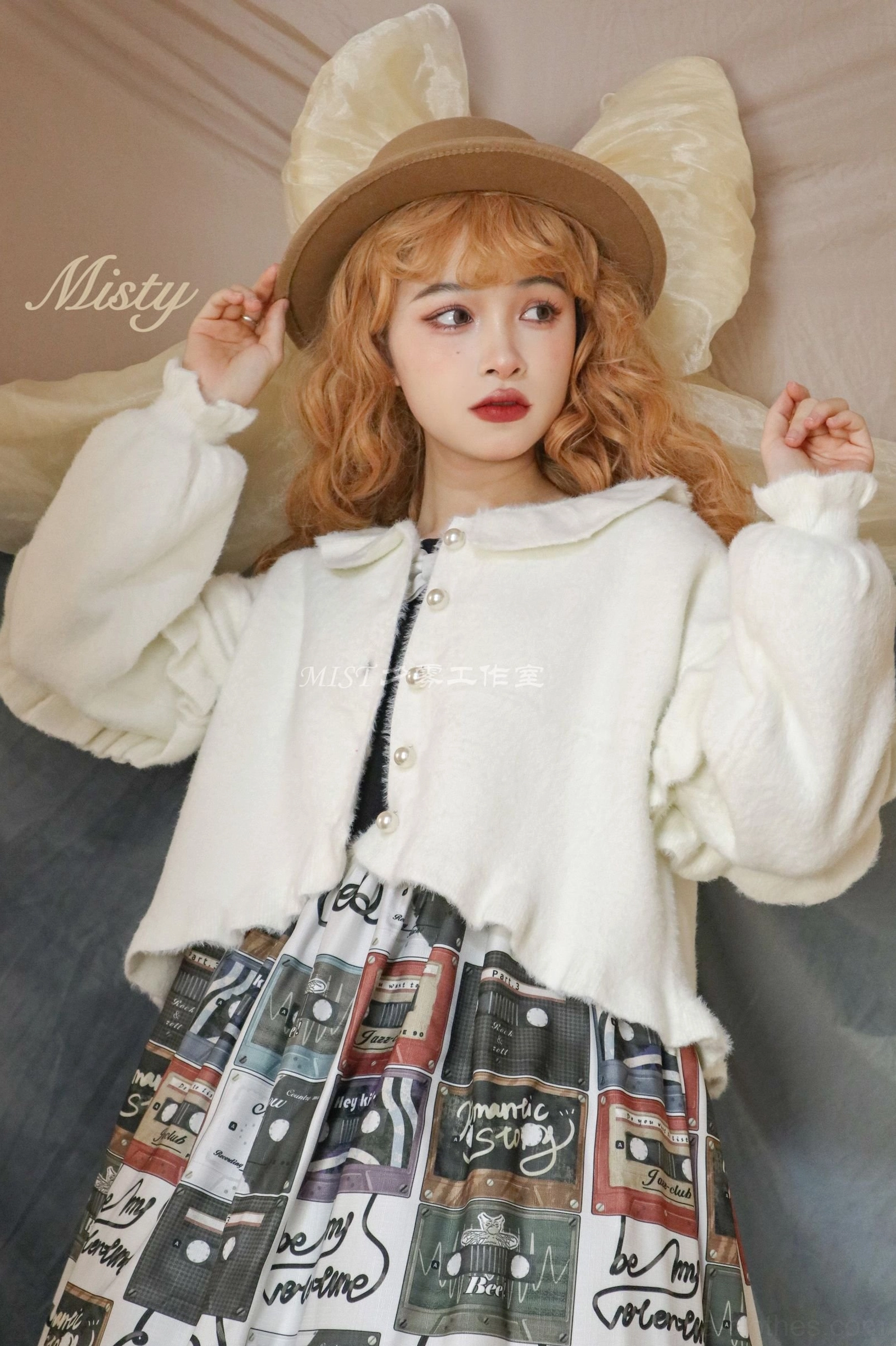 Apricot warm sweet lolita fuzzy cropped cardigan puff sleeves doll collar styling front display