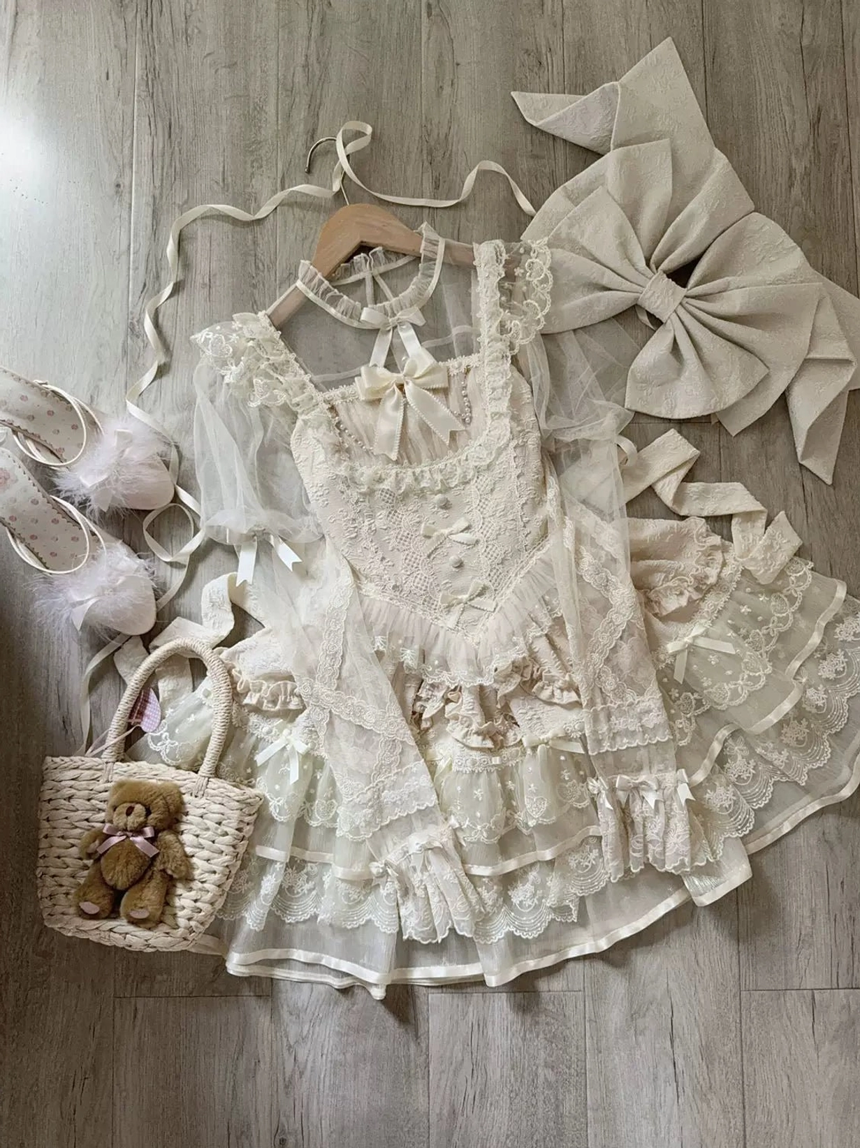 Apricot sweet lolita JSK dress variant with warm-toned petal ruffles, delicate lace details, and classic sweet lolita silhouette of this elegant petal-ruffled jumper skirt