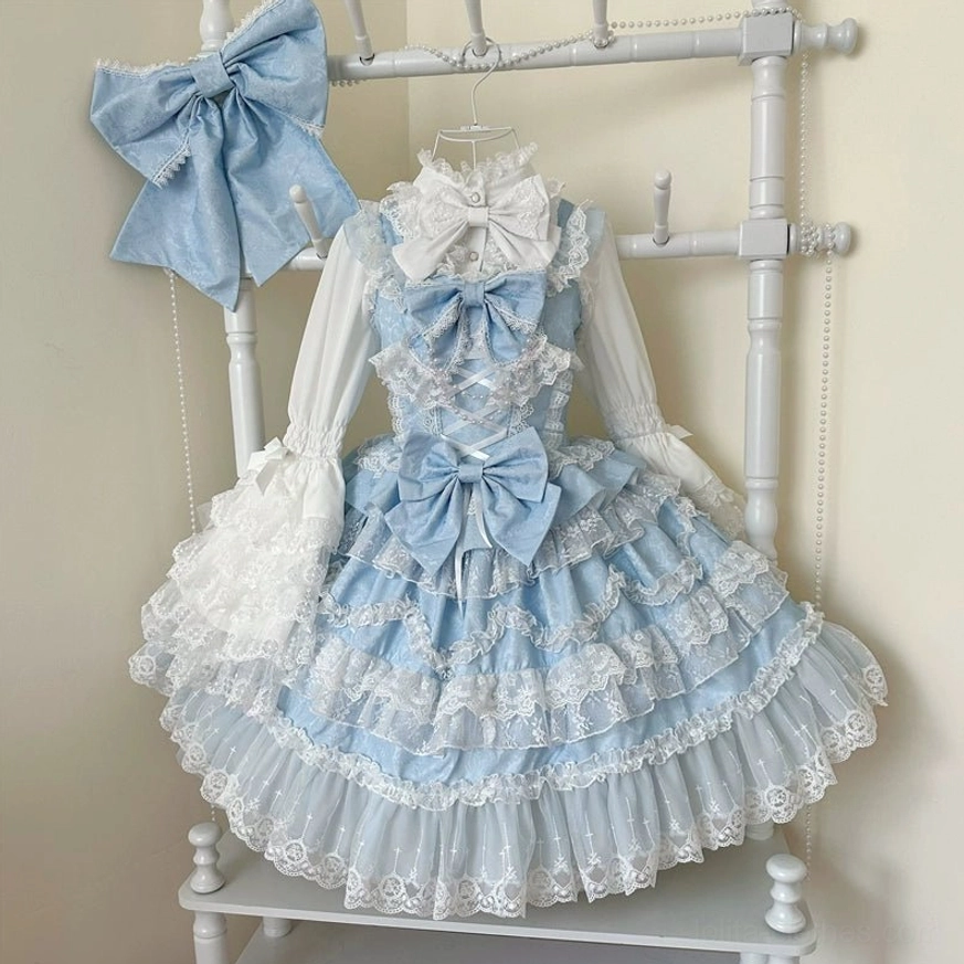 Apricot sweet wedding lolita JSK dress with matching blouse full-body view showing layered construction and pearl accents