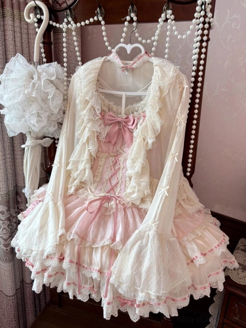 Apricot tulle lolita bolero cardigan front display showing warm peachy tone, ruffle lace collar detail, and soft romantic aesthetic styling option