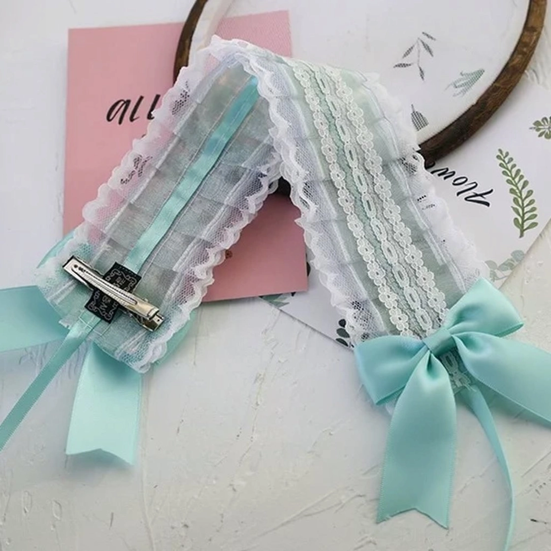 Aqua green sweet lolita lace headdress with matching satin ribbon bow and secure hair clips for everyday lolita wear