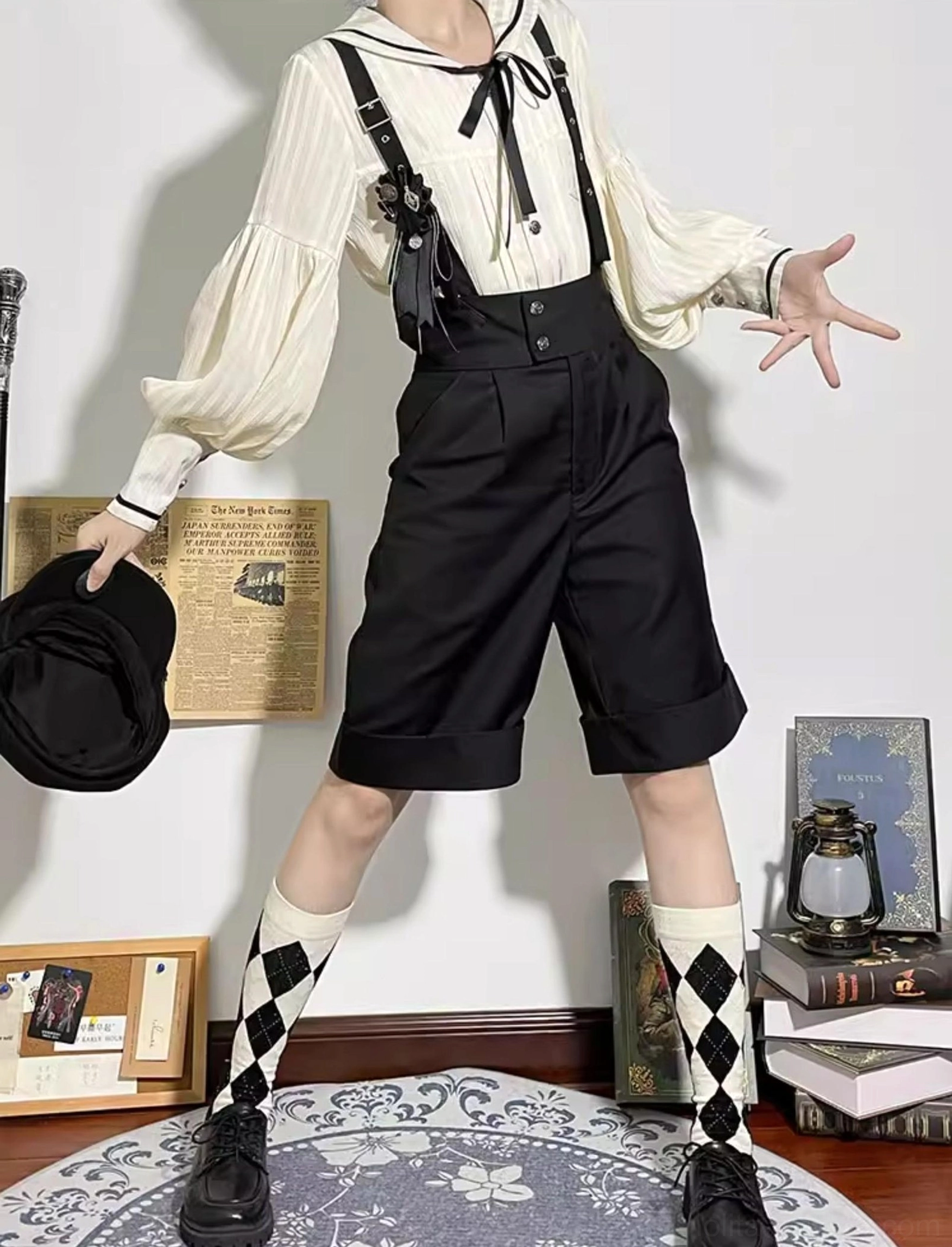 full-body-front-view-sailor-lolita-blouse-suspender-shorts-argyle-calf-socks-vintage-study-room-books-decor