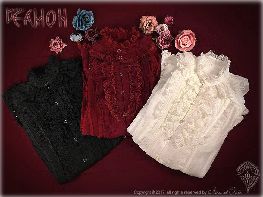 Aristocratic Ouji long-sleeve blouse with stand collar ruffles and adjustable back lace-up corset system, complete Lolita ensemble styling reference