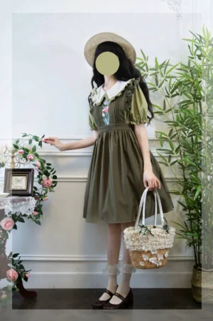 Army green olive classic lolita salopette dress complete set tulip embroidery ruffled collar full-body front coordinate