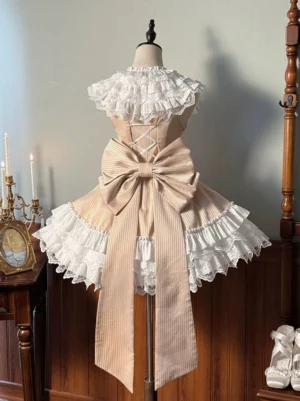 Champagne beige striped sweet lolita dress with white ruffled lace trims and extended bow trailing ribbons