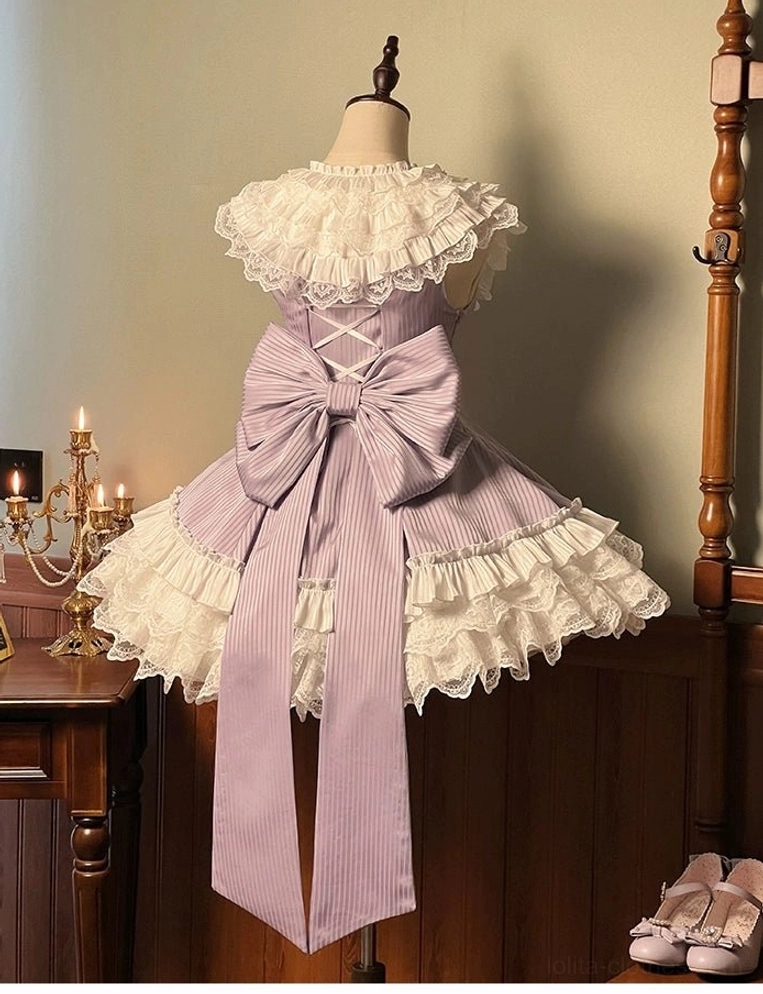 Light purple striped sweet lolita dress with white lace hem and oversized back bow trailing ribbons