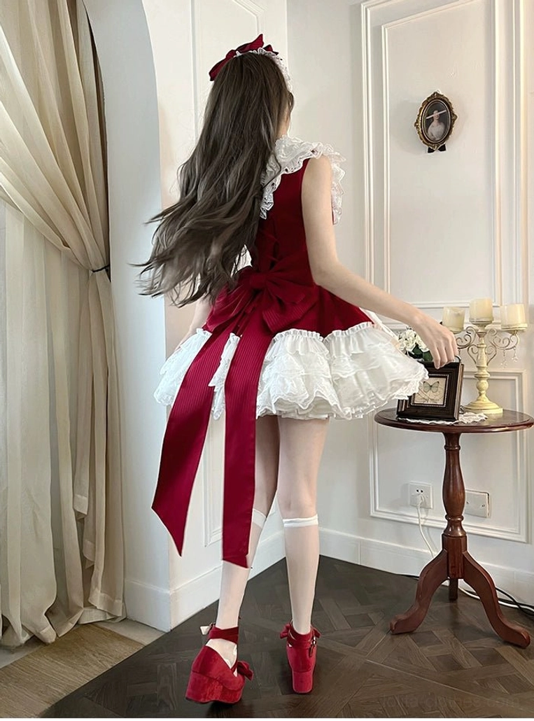 Human model wearing off-shoulder sweet lolita dress with red trailing bow, coordinated with red heels and white stockings