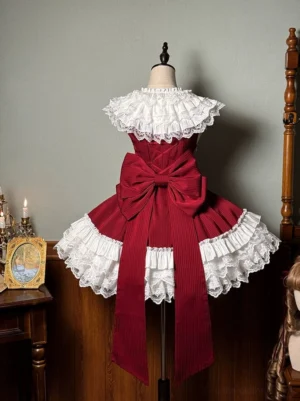 Wine red off-shoulder sweet lolita short dress with oversized back bow and long trailing ribbons on dress form