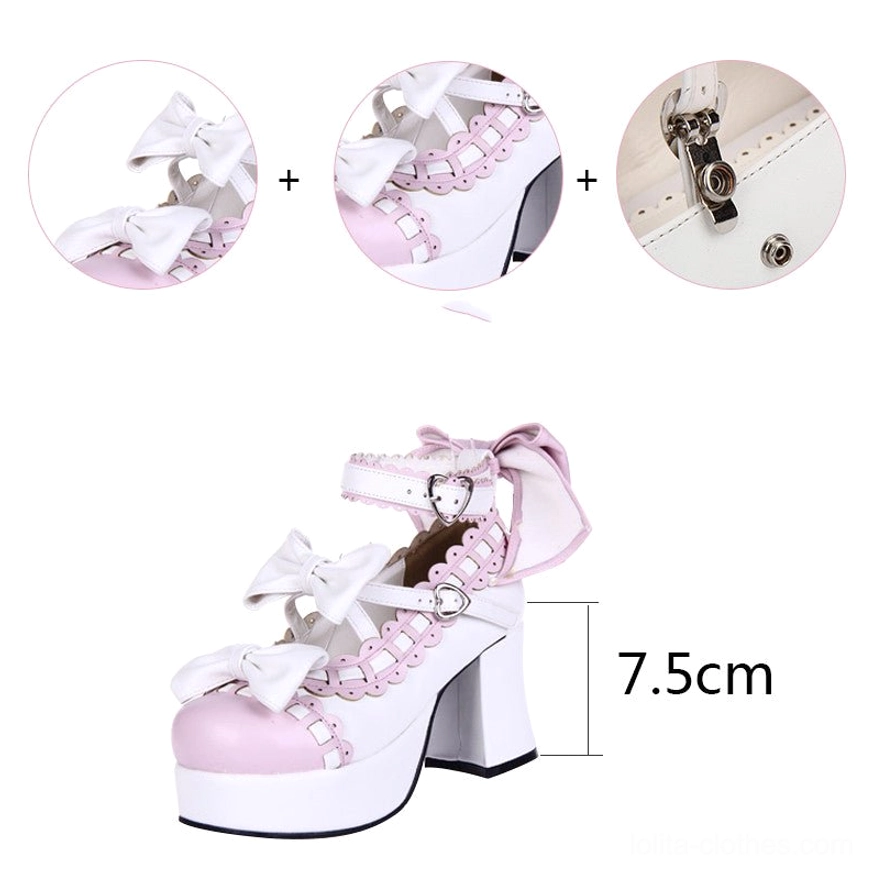 Artisan handmade lolita platform high heels featuring premium pu leather satin bows chunky platform block heel romantic aesthetic
