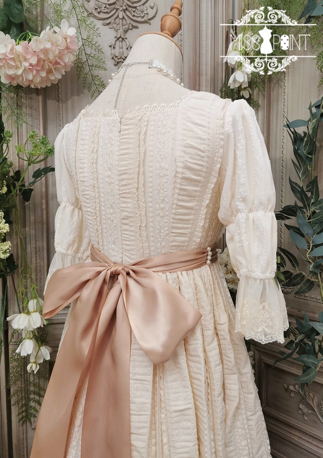 Artisan made lolita ribbon belt with pearl beading featuring classic waistband construction and floral embroidery elements