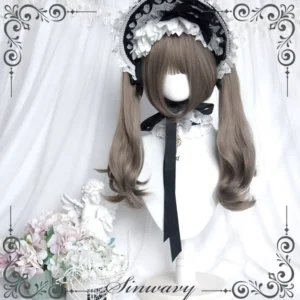 Ash grey Gothic Lolita wig with maid headdress white collar neck ribbon styled display elegant