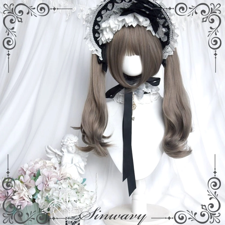 Ash grey Gothic Lolita wig with maid headdress white collar neck ribbon styled display elegant
