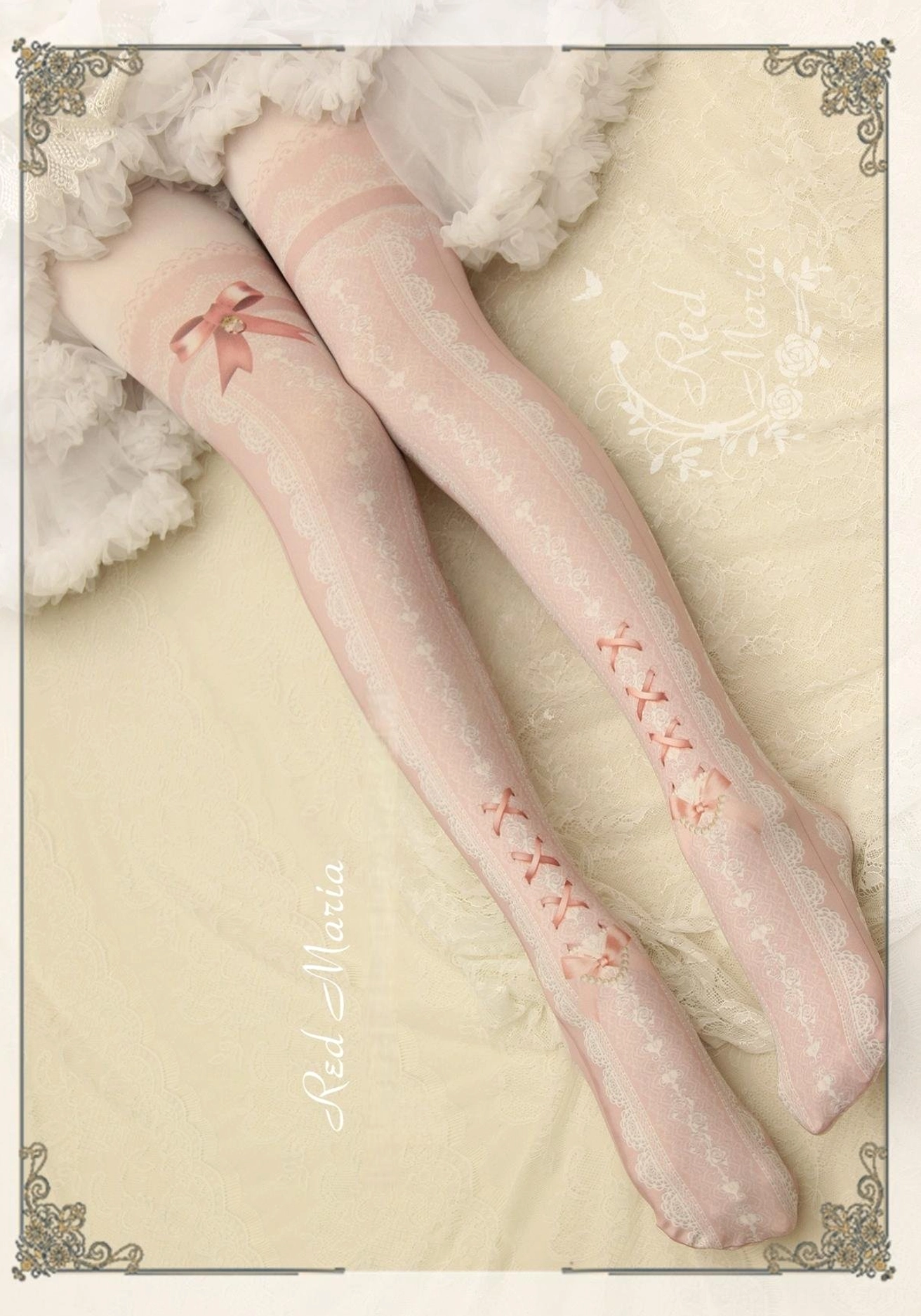 Ash pink lace printed lolita over-the-knee tights with bow detail and petticoat coordination