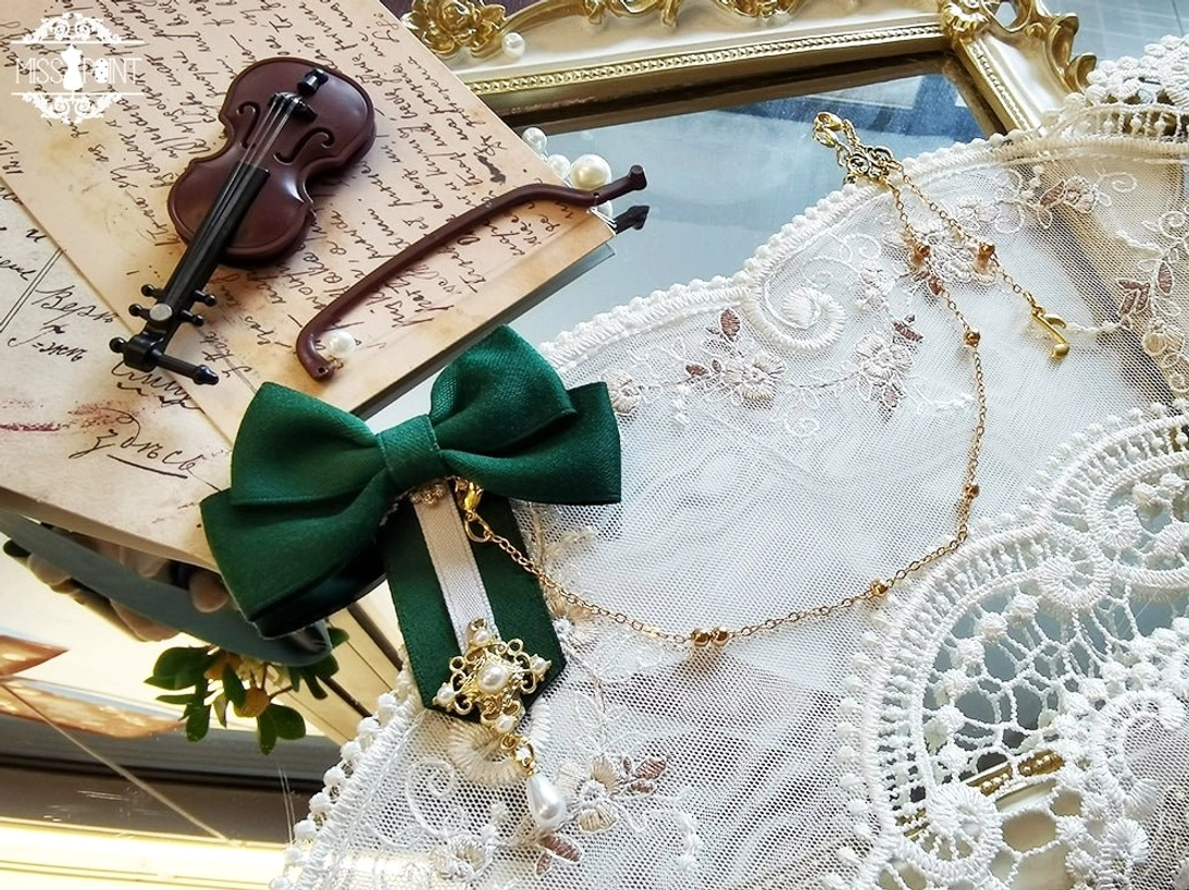Assorted lolita bow accessories four color options brown navy green wine red gold drop charms flat lay lace doily vintage frame