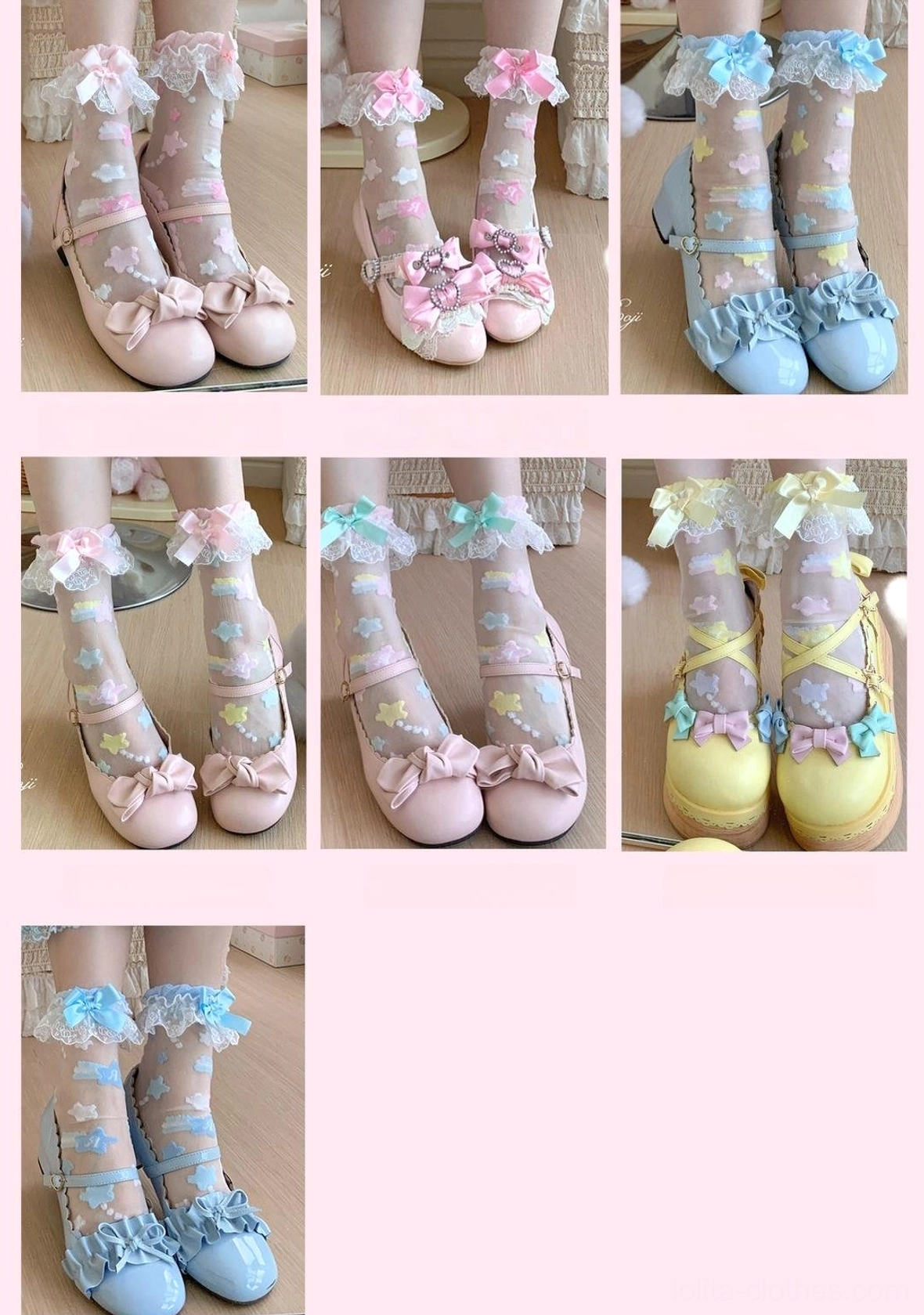 Assorted color lolita sheer socks with star embroidery displayed with matching mary jane shoes