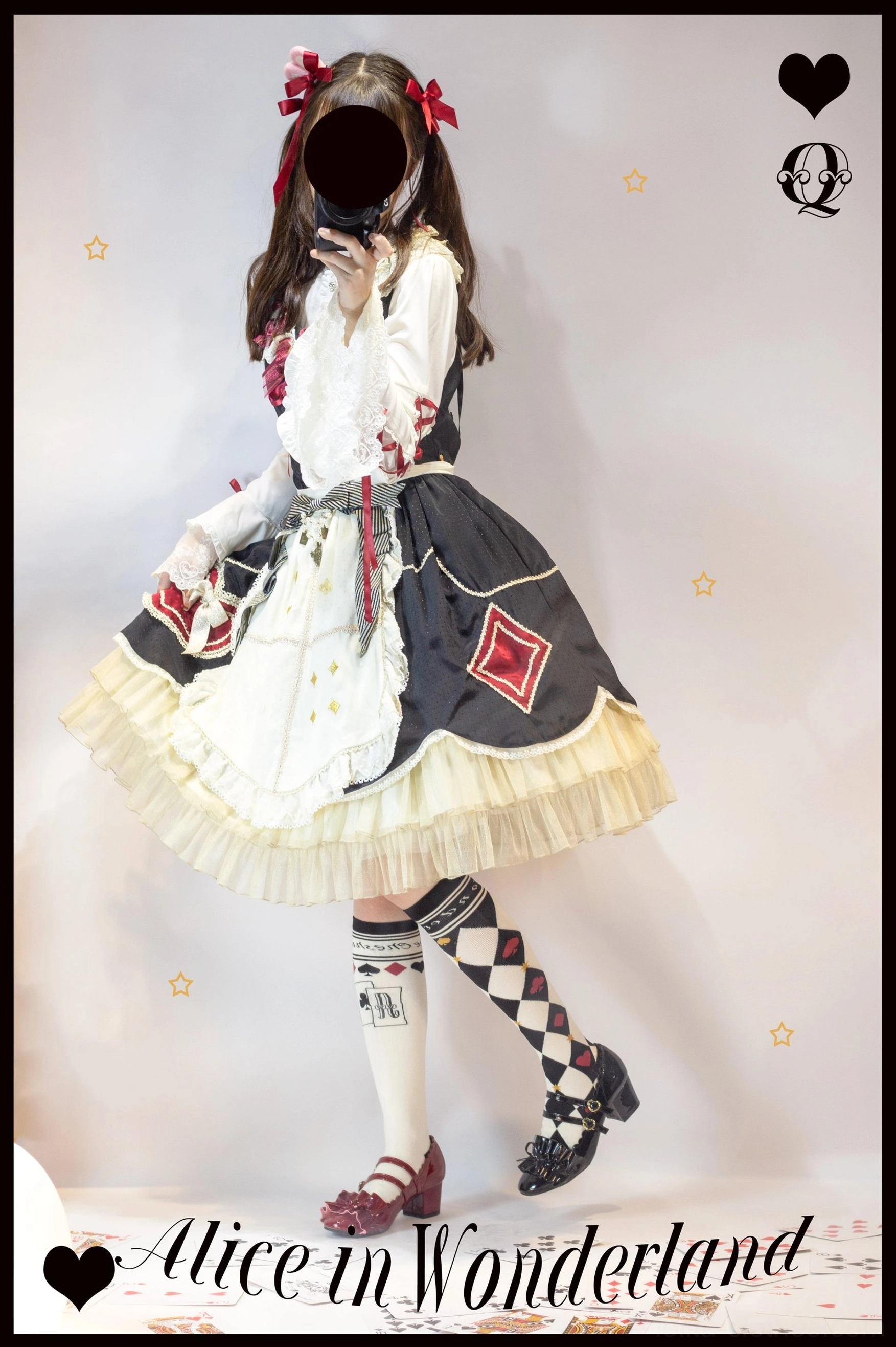Asymmetrical checkerboard poker diamond lolita cotton socks all four color variations collection overview display photography