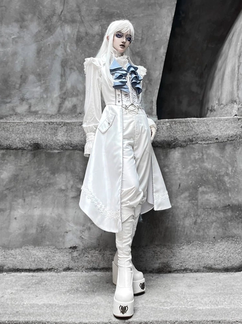 Asymmetrical Lolita skirt irregular tiered hem architectural silhouette white satin close-up side view