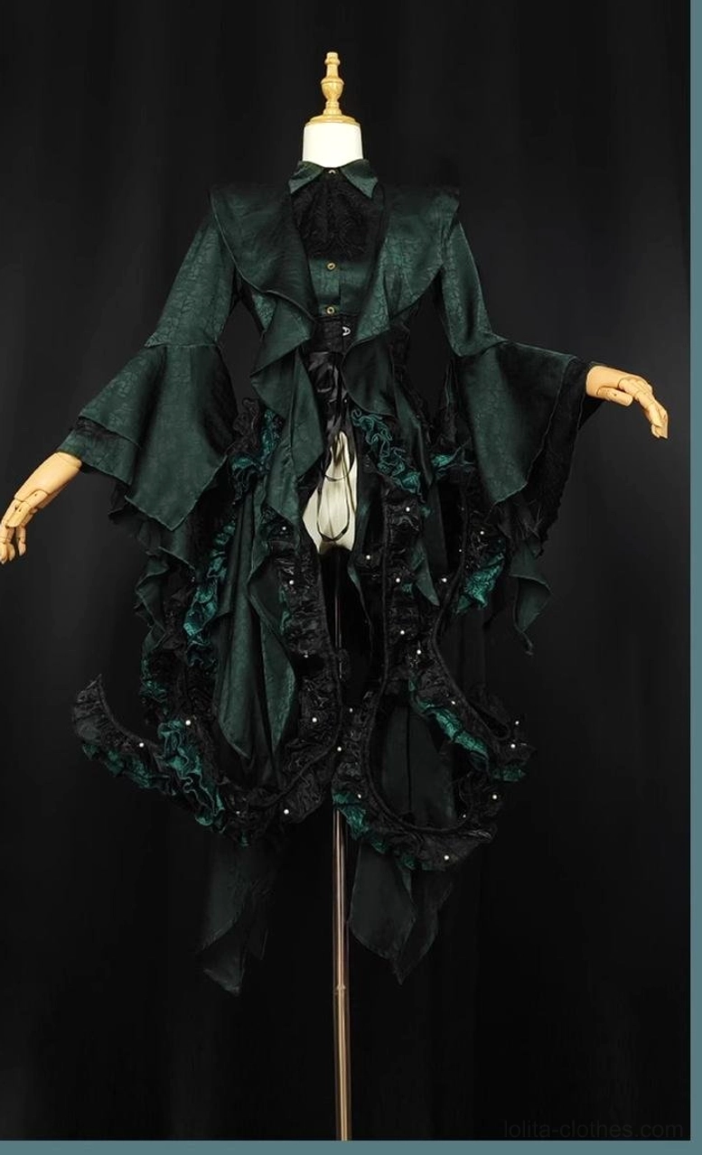 Flat-lay technical display of asymmetrical Ouji Lolita shirt showing complete silhouette, irregular hemline shape, sleeve volume, and garment measurements for size reference