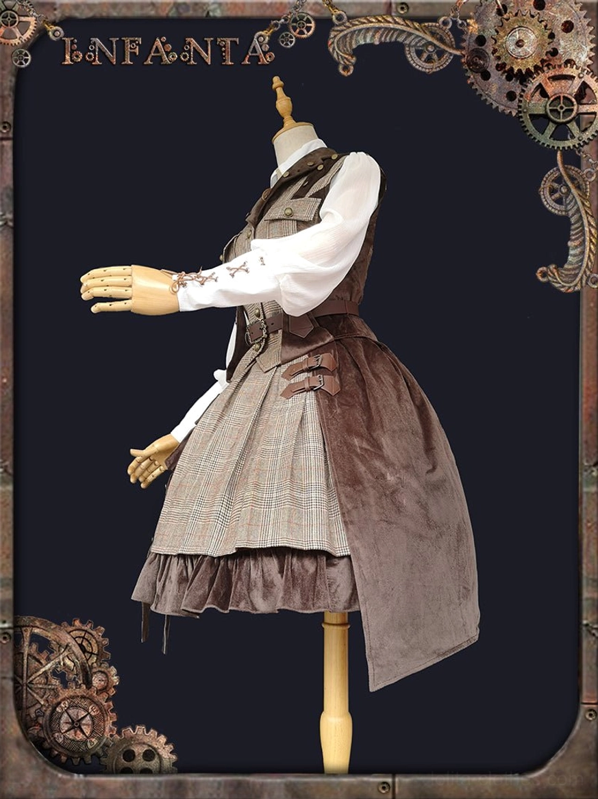 Side full-body dress form display showing asymmetrical two-tone plaid and velvet SK skirt with tailored waist design and ruffled velvet hem against steampunk decorated dark background