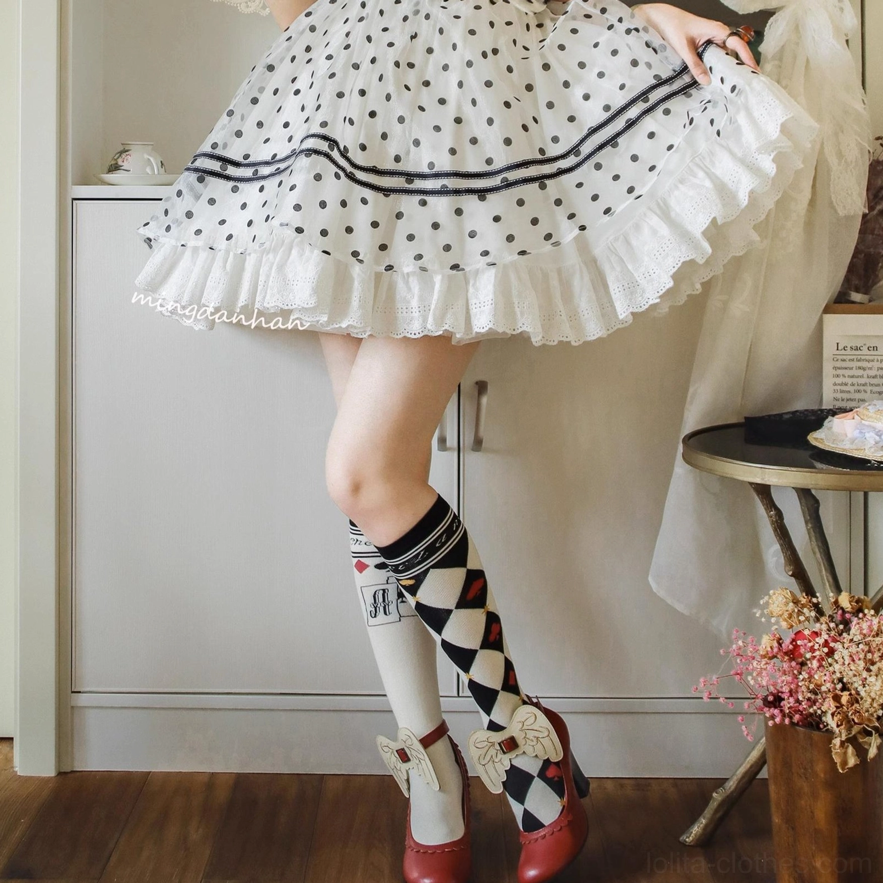 Asymmetrical poker card checkerboard print lolita cotton socks short mid-calf over-the-knee sizing options collection detail view