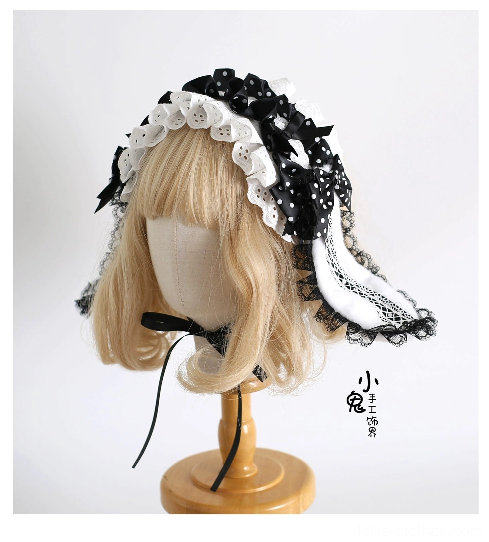 asymmetrical single-side detachable bunny ear lolita headband ruffled lace polka dot bows lace-trimmed ear