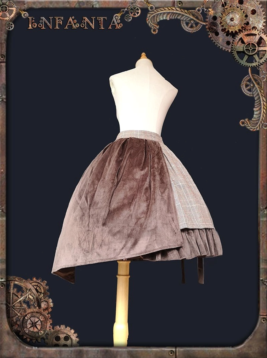 Front full-body dress form display of separated asymmetrical velvet lolita SK skirt with ruffled velvet edge, plaid side accent panel, and flowy silhouette against steampunk decorated dark background