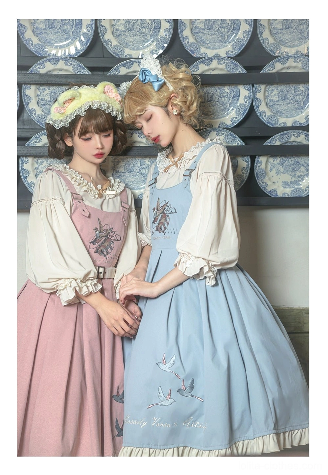 Avian elegance plus size Lolita JSK dress with flying bird embroidery multiple color variations swatch display full ensemble view