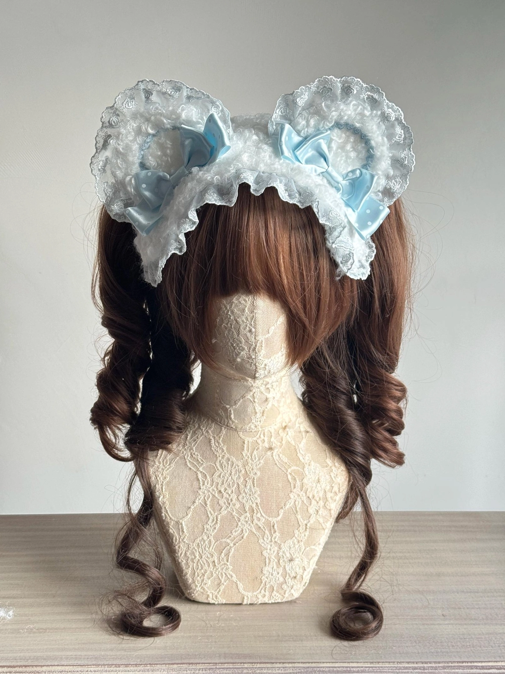 Baby blue lolita bear ear lace headband soft blue-white color scheme satin bows ruffled lace trim full view