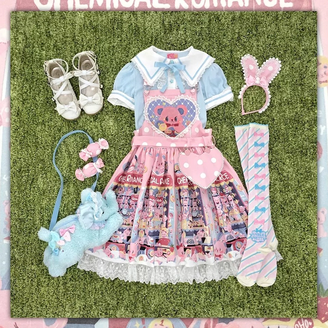 Baby blue pink sweet lolita salopette sailor collar straps bunny ear hairband plush bag flat lay