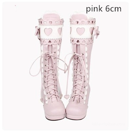 Baby pink lolita mid-calf boots with 6cm heel labeled front direct view showing heart pendants at shoe tongues and lace details
