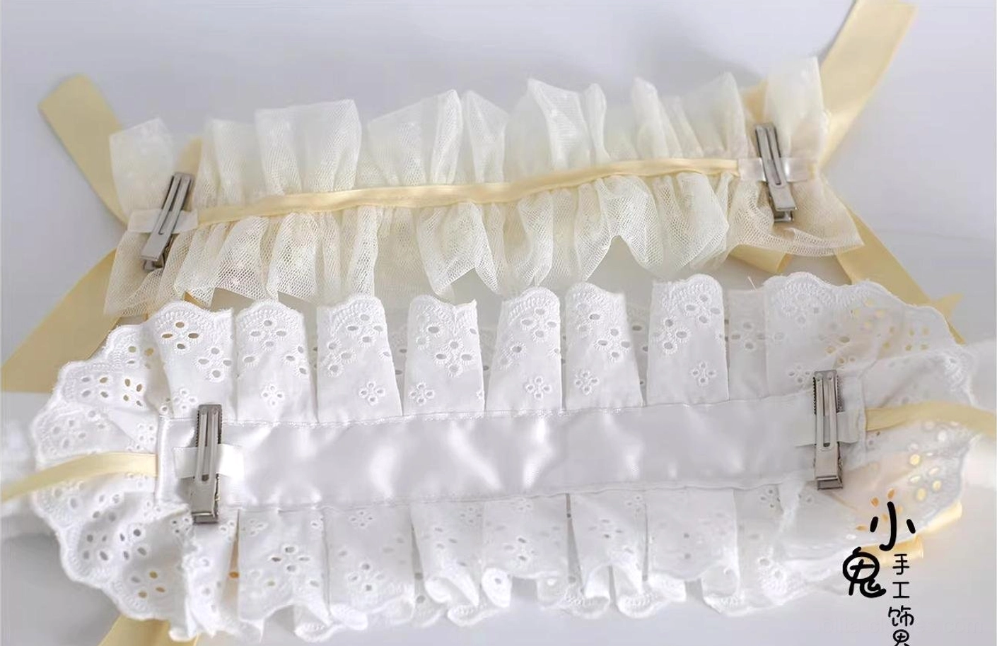back-view-two-lace-hairband-styles-white-eyelet-cream-mesh-beige-satin-trim-metal-spring-clips-flat-lay