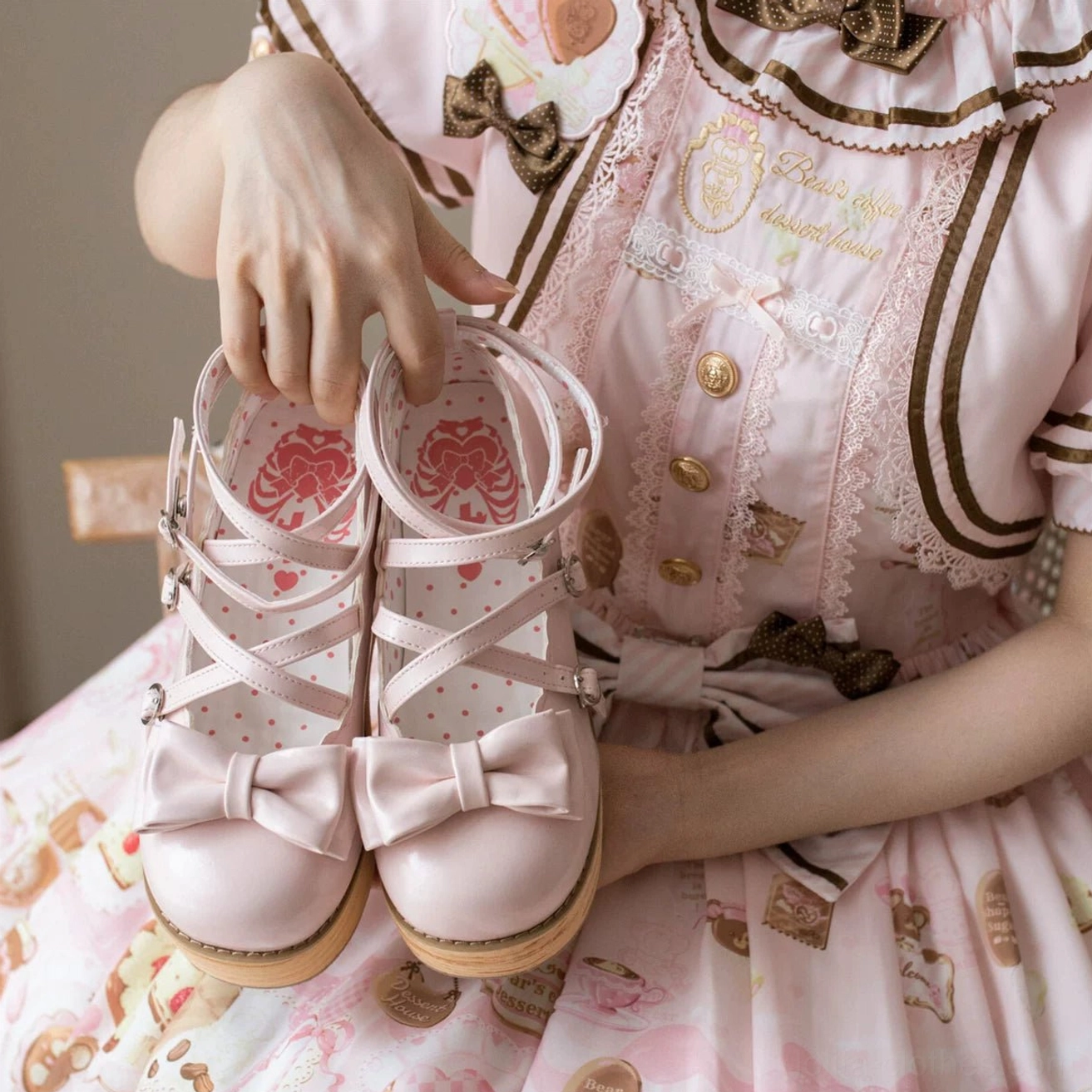 Barbie pink lolita platform mary jane shoes product photography metallic sheen smooth pu leather round toe cross bow strap thick wooden platform elevation detail